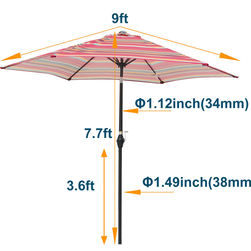 Parasol extérieur 9 pi à rayures rouges - Matériau respirant, nervures d'ombrage rayées confortables, assemblage facile