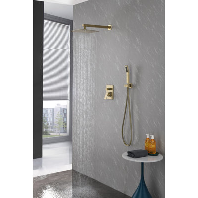 Brushed Gold Shower System, Bathroom 10 Inches Rain Shower Head With Handheld Combo Set, Wall Mounted High Pressure Rainfall Dual Shower Head System, Shower Faucet Set With Valve And Trim