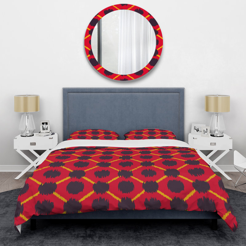 Red Ikat Ogee Polyester Ikat Duvet Cover, Queen Duvet Cover + 2 Standard Shams