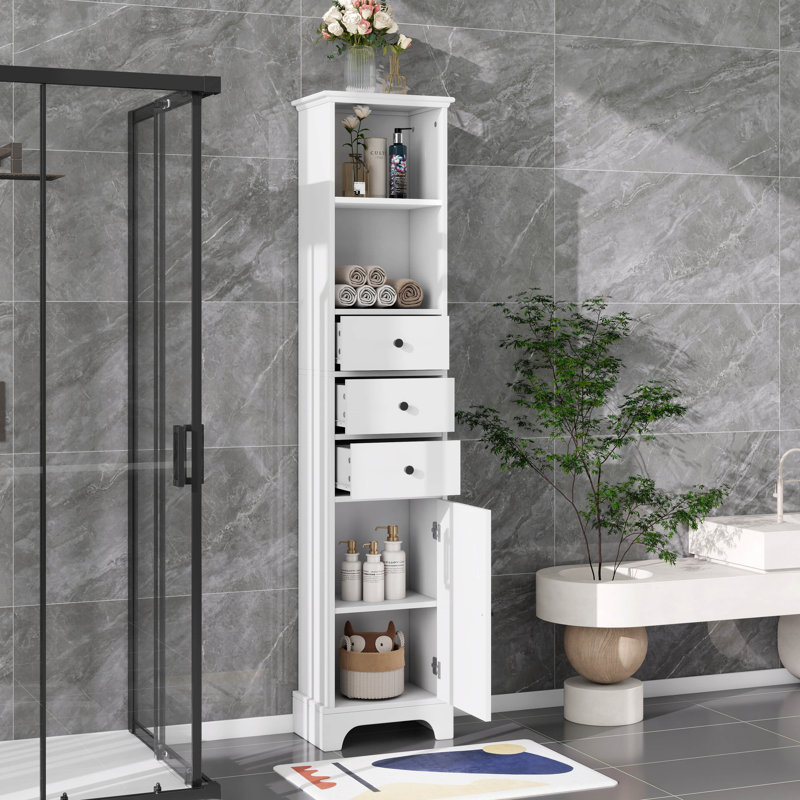 Armoire de rangement pour salle de bain, unité de rangement pour salle de bain autoportante, grande tour avec tablette réglable et 3 tiroirs