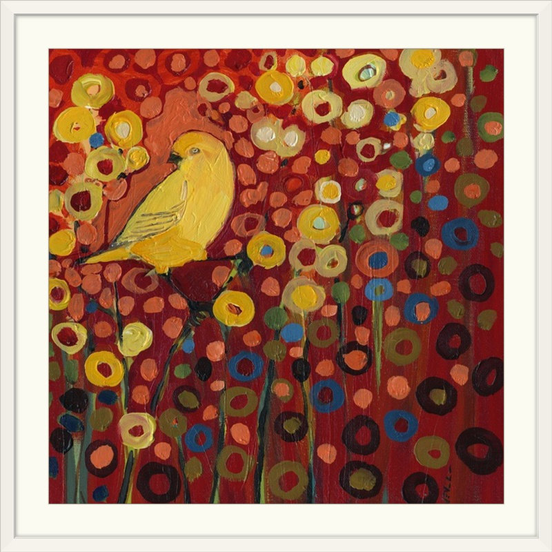 «Nolani Canary in Red» par Jennifer Lommers - reproduction imprimée, H 38 po x l 38 po x P 0,75 po, Cadre blanc