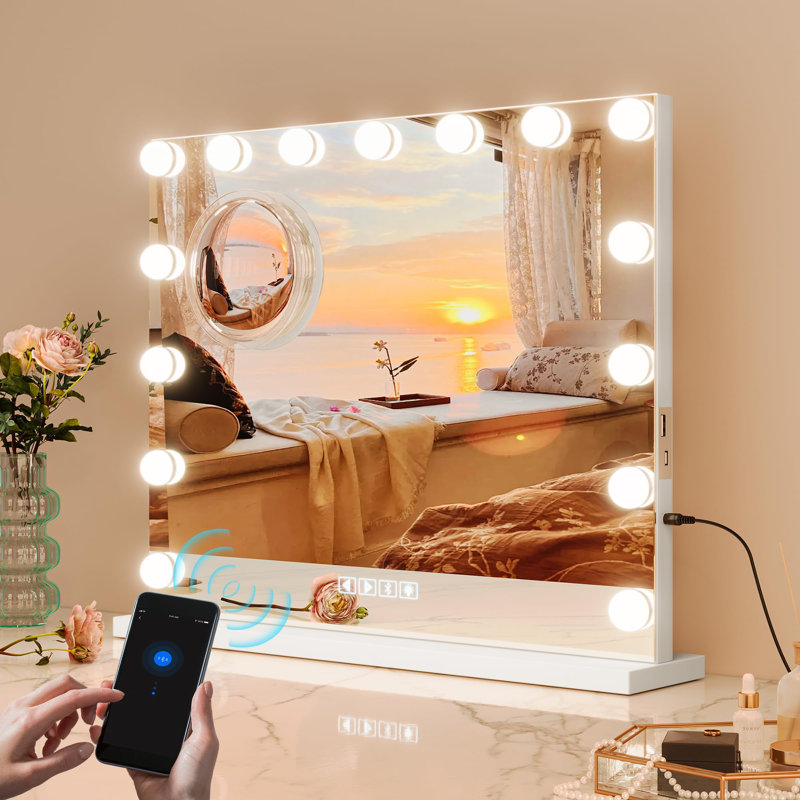 Miroir de maquillage lumineux avec 15 ampoules DEL à intensité variable - Commande tactile, 3 modes de couleur, miroir grossissant x3, haut-parleurs sans fil, chargement USB et Type-C, rotation à 360°, fixation murale/sur table, blanc, 61 x 56 cm