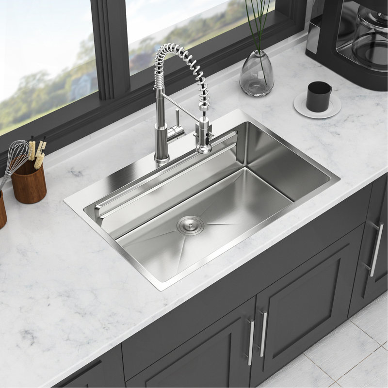 33" Drop In Kitchen Sink - 33*22 Inch Kitchen Sink Drop-In Topmount Single Bowl 16 Gauge Stainless Steel Ledge Workstation Kitchen Sinks