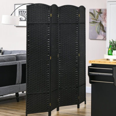 Paravent 4 panneaux, paravent de 5,6 pi de hauteur. Noir avec touche tissée à la main élégante et plateau arqué pour la maison. Chambre polyvalente, bureau. Structure en bois, sangles en polypropylène. Léger, facile à