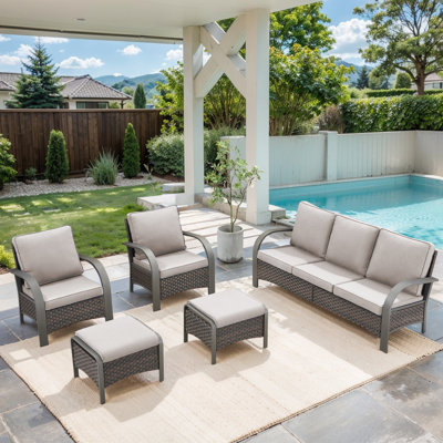 Bobra Wicker/Rattan 5 - Person Seating Group With Cushions And Ottomans
