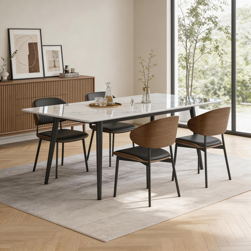 Modern Dining Table with Sintered Stone Top, White Matt Finish and Robust Carbon Steel Legs, 75cm H x 140cm W x 75cm D