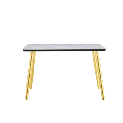 Modern minimalist rectangular dining table, suitable for 4-6 people. Tempered glass countertop+lower MDF board, imitation marble texture, gold metal t