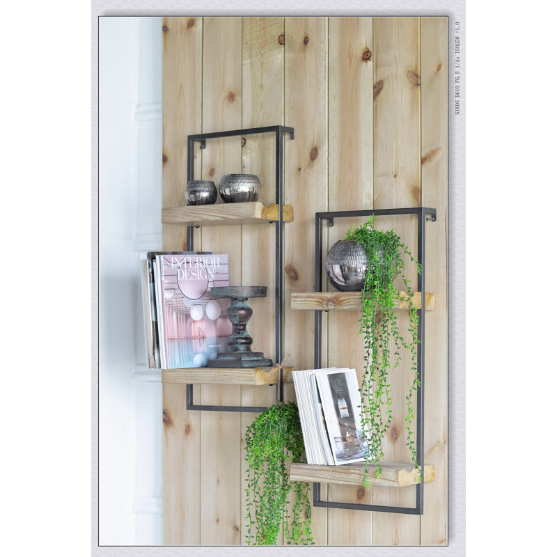 Étagère murale en fer et bois avec deux tablettes