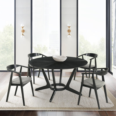 Jeyhan 5 Piece Round Dining Table Set in Rubberwood and Fabric