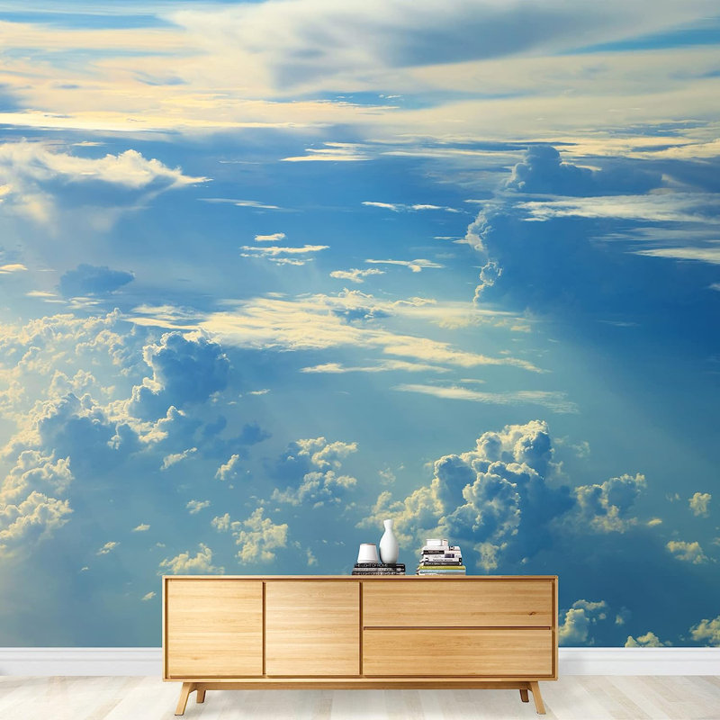 Adhésif mural bleu ciel avec nuages, L 100 po x l 144 po