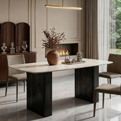 Dining Table, Modern Rectangular Tempered Glass, with Marble-Patterned Design and Black Dual-Pedestal Metal Base, Ideal for Dining Room & Home Office.