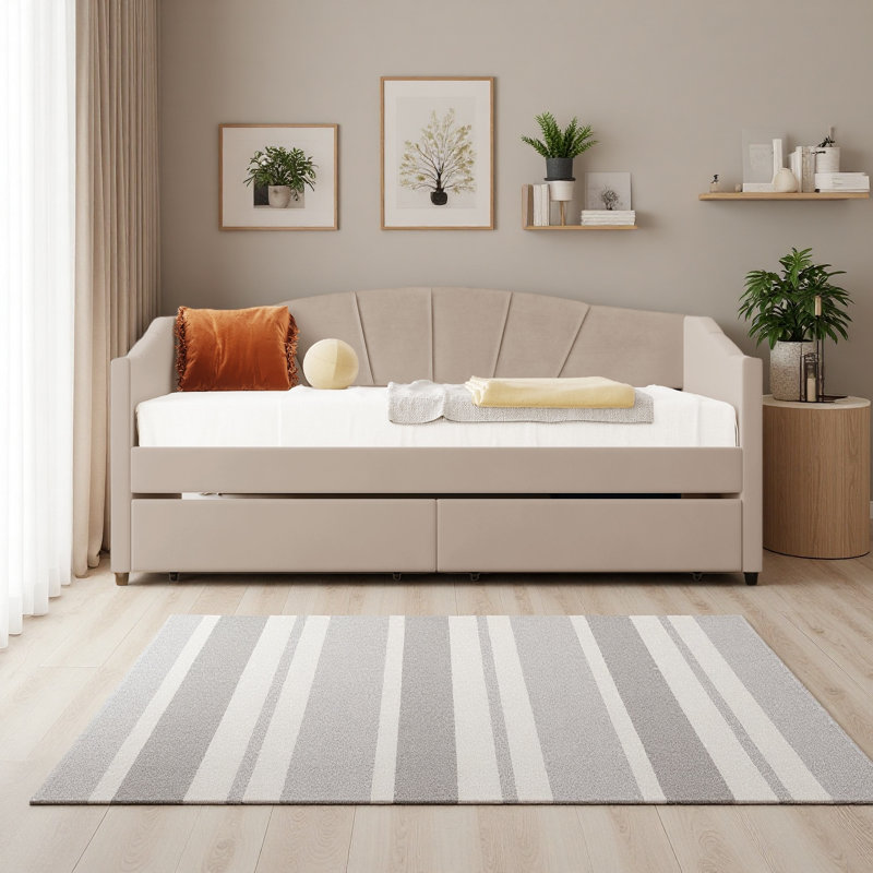 Lit de jour rembourré simple avec deux tiroirs et lattes de bois, Beige