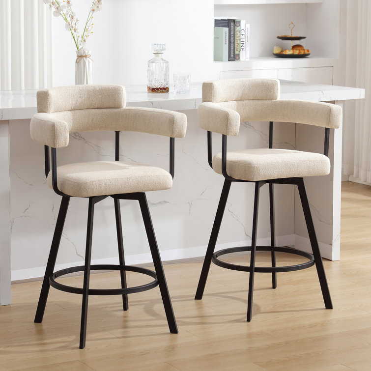 Rabassa Swivel Upholstered 26" Linen Counter Stool with Curved Wing Back and Metal Frame
