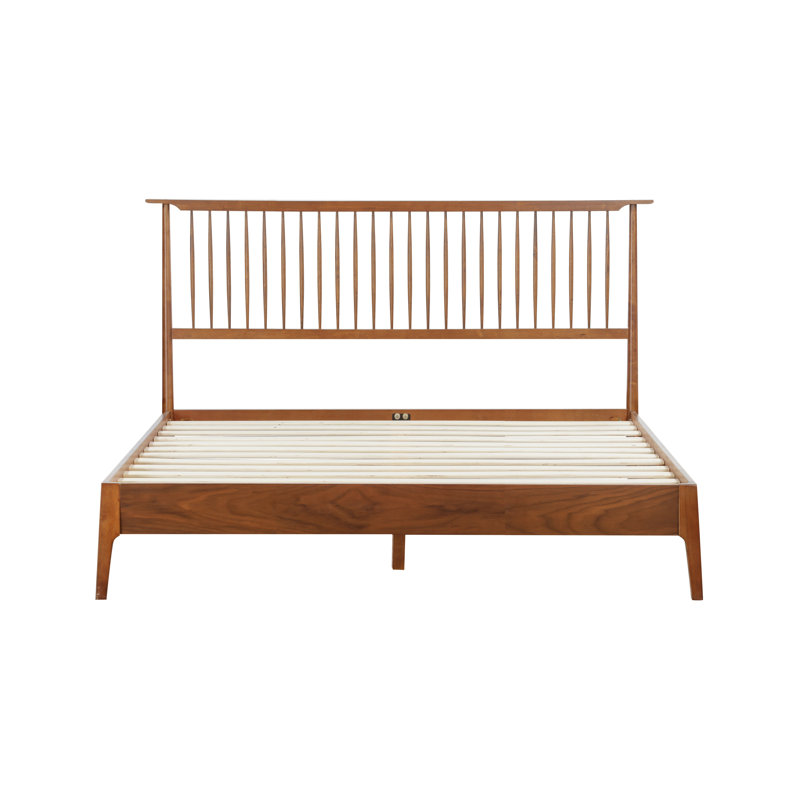 NTC Ruby Solid Wood Bed Frame with Spindle Headboard and Silent Slats, Bed Frame, Dark Walnut, Queen