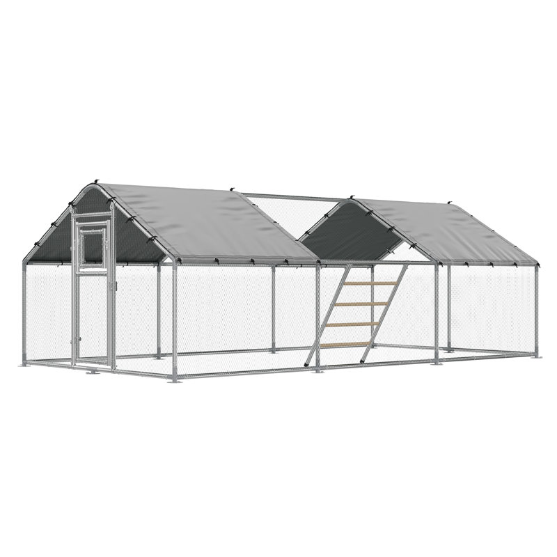 Très grand poulailler de plain-pied 20 po x 10 pi, poulailler avec couvercle Spire, conception à une porte, porte d'alimentation, échelle de repos, structure en acier galvanisé