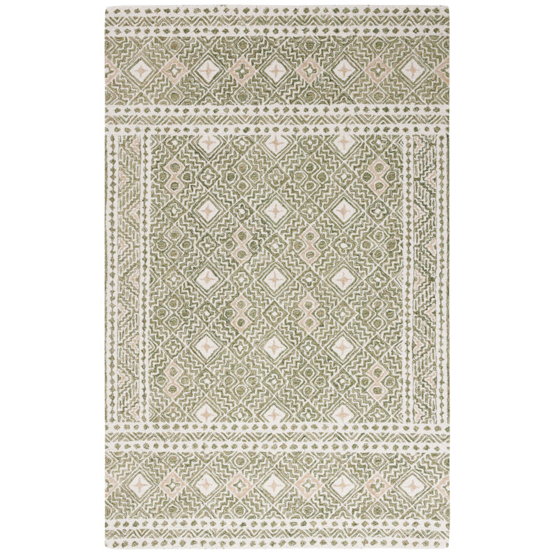 Decklen Micro-Loop Hand Tufted Wool/Cotton Southwestern Rug in Ivory/Green, Rectangle 4' x 6'