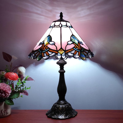 Lampe de table en verre coloré de style Tiffany avec ampoule à DEL 3 couleurs - design baroque rose rétro pour la chambre à coucher, le salon ou le bureau