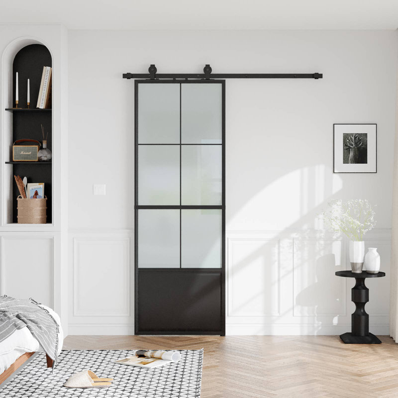 Metal and Glass Sliding Barn Door with Soft Close and Installation Hardware Kit, 30" W x 90" H