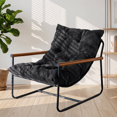 Chaise d'appoint moderne, chaise de salon confortable avec accoudoirs en bois et cadre en métal, fauteuil rembourré avec coussin moelleux