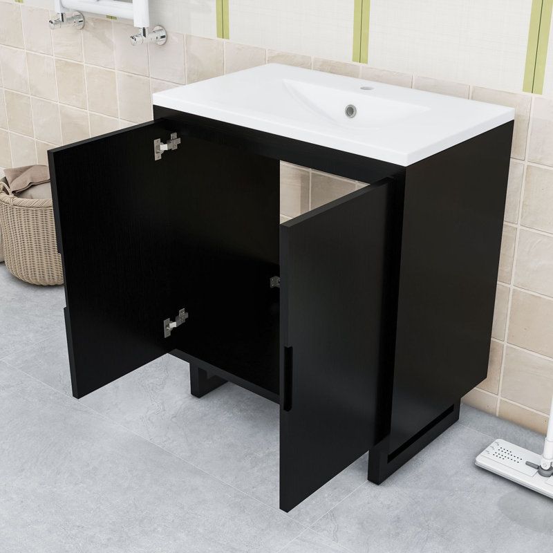Meuble-lavabo en bois avec poignée invisible, Noir, noir, noir, noir