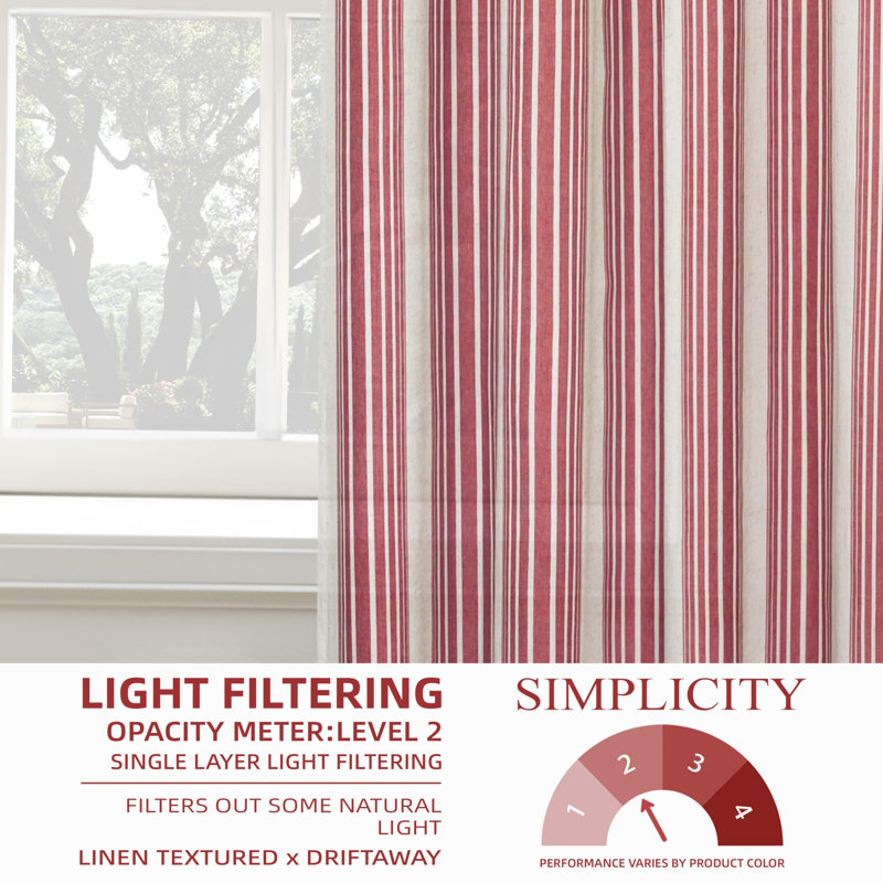 Semi Sheer Grommet Linen Chris Stripe Patterned Curtains, 52" W x 108" L, Red