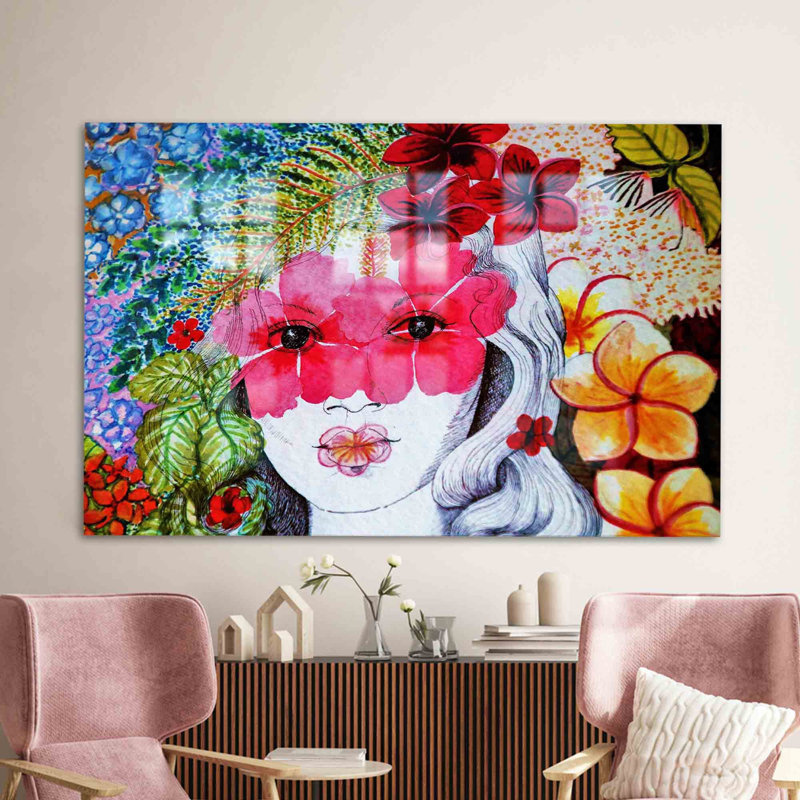 Art floral et féminin abstrait sur verre trempé pour rehausser le mur décoratif, H 27,6 po x l 43,3 po