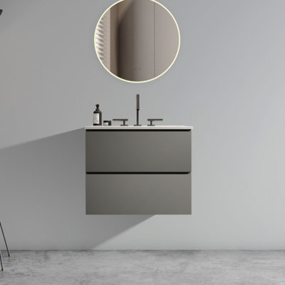 24" Wall Mount Glossy Bathroom Vanity With Ceramic Sink With 3 Faucet Holes, Large Storage Floating Bathroom Vanity  Bathroom,