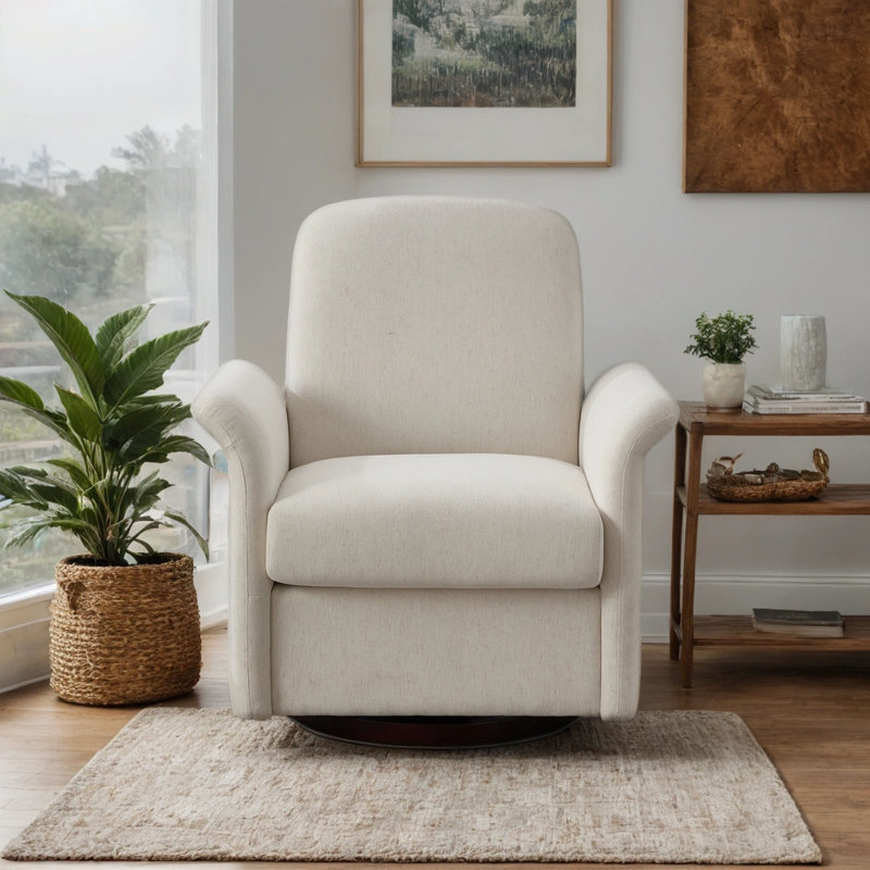 Fauteuil pivotant moderne en rotin à 360 ° avec base en bois massif Modern, Crème ; lin