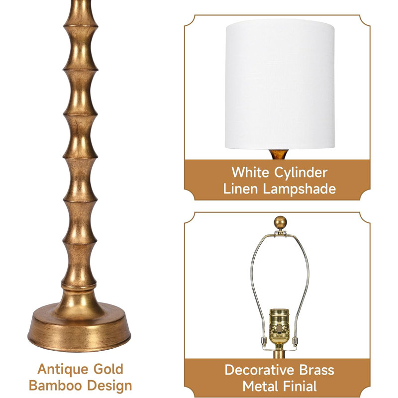 30.5" Gold Bamboo Candlestick Buffet Lamps with White Shades