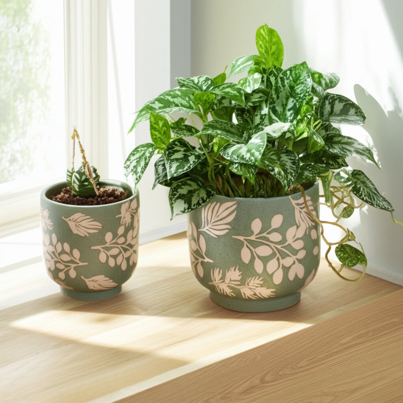 Stoneware Planters With Decorative Botanical Detailing And Textured Artisan Design - Set Of 2