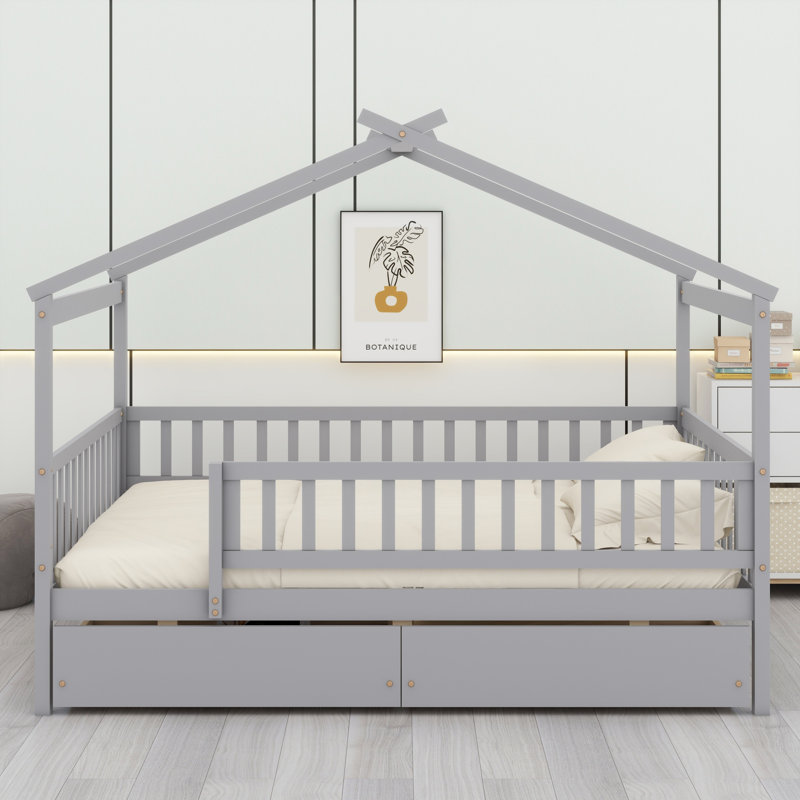 Lit en bois avec deux tiroirs, Gris