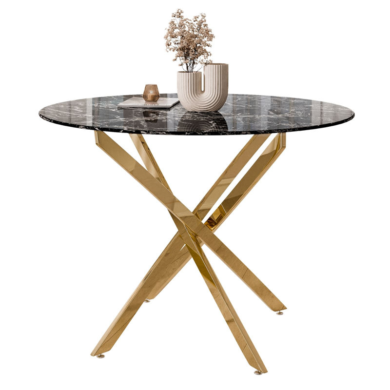 Chatalina Round Glass Top Dining Table, Black Marble