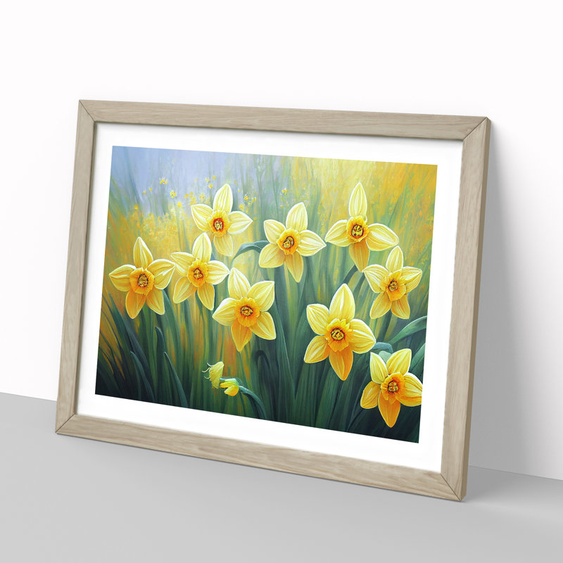Eye Opening Daffodil Flowers - Single Picture Frame Painting, 25cm H x 34cm W x 2cm D, Oak