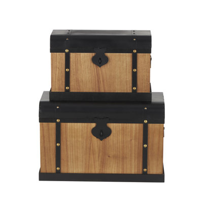 Clairann Wooden Storage Decorative Brown Trunk with Black Metal Tops and Gold Studs Set