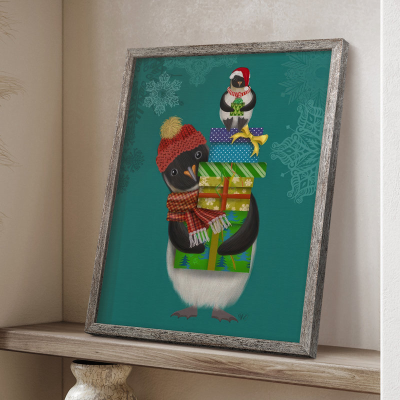 Cadeaux de Noël pingouin, reproduction encadrée - bois massif, H 15 po x l 12 po