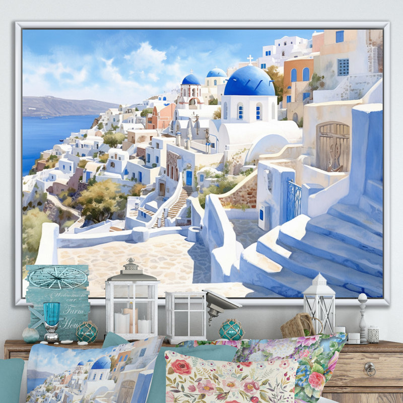 Grecque Santorini Odyssey II - Grèce, art mural, H 30 po x l 40 po x P 1,5 po, Cadre flottant blanc