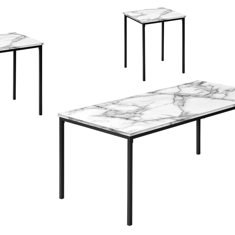 Ensemble de table, ensemble de 3 pièces, café, bout, métal noir, stratifié aspect marbre blanc