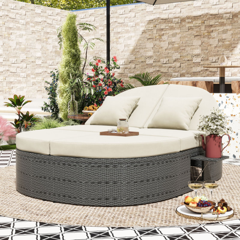 Adjustable PE Rattan Outdoor Chaise Lounge with Cup Trays and Comfortable Cushions, Beige/Gray