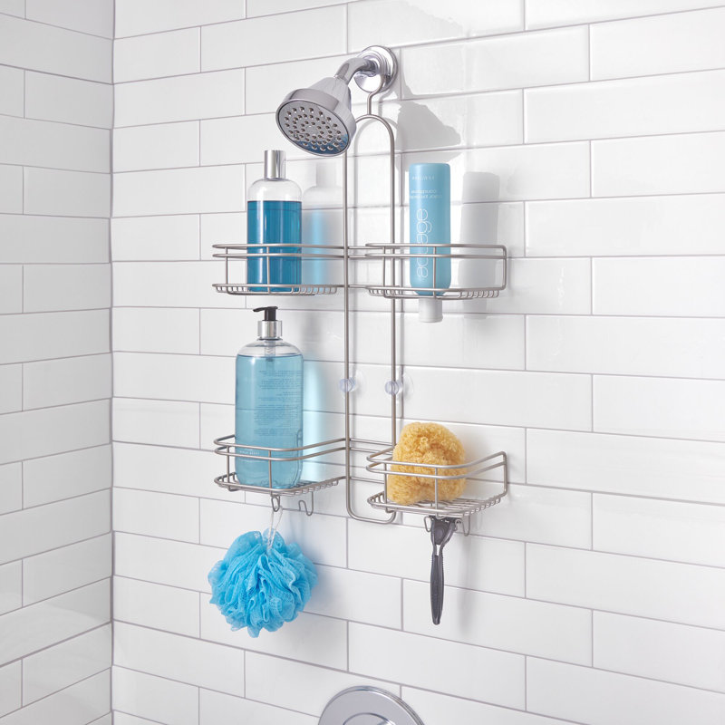 Satin Metal Over Shower Head Hanging Caddy with 4 Compartments