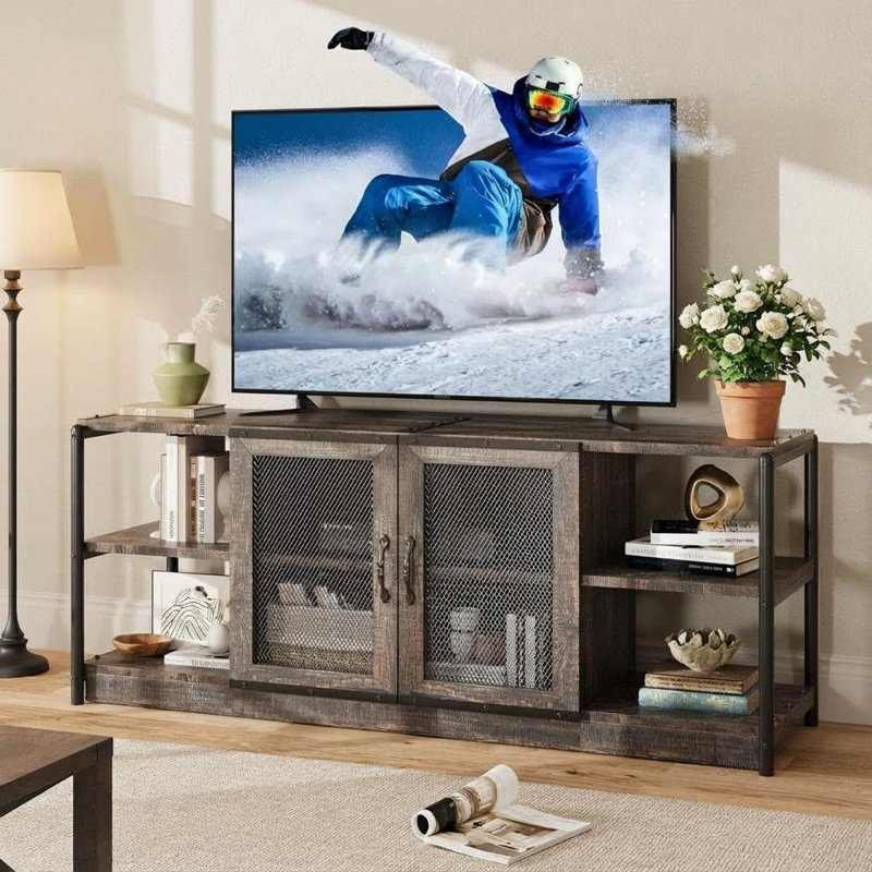 Meuble télé Farmhouse, console de divertissement avec supports de rangement pour le salon, la chambre à coucher, Chêne foncé