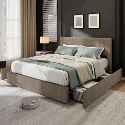 King Bed Frame with Tufted Wingback Headboard, Platform Corduroy Upholstered Bed Frame with 4 Storage Drawers