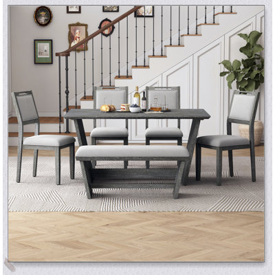 6-Piece Retro Dining Table Set with Trestle Base, 60-Inch Wood Table, 4 Chairs, and Bench for Cozy Family Gatherings