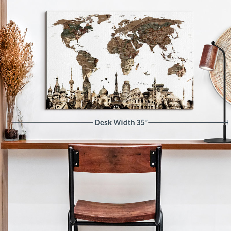 Vintage World Map Canvas Print with Iconic Landmarks