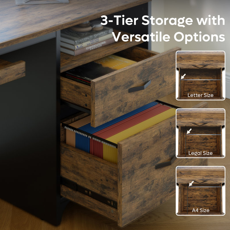 Labelle 55'' Rustic Brown Home Office Desks with 2  Storage Drawers, Reversible  Computer Desks with Keyboard Tray and Open Shelf