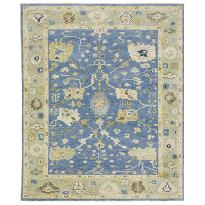 Tapis bleu / vert en laine noué à la main Presley