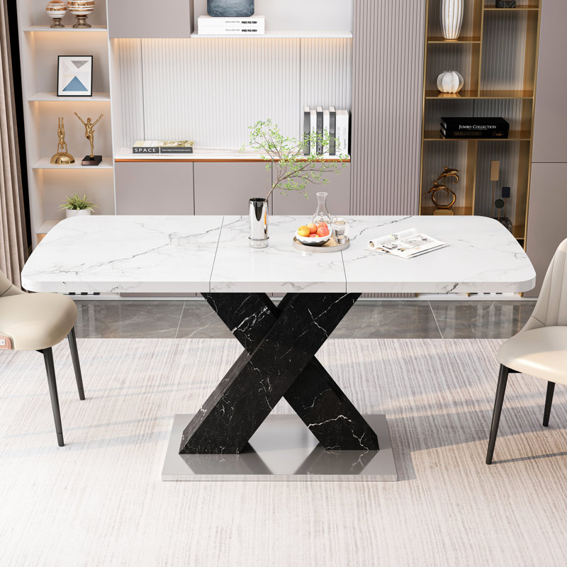 Table de salle à manger carrée moderne en marbre blanc extensible, pieds noirs avec base en métal, carré extensible de 61,71 po de profondeur, plateau de table fini et support, largeur de 27,17 po