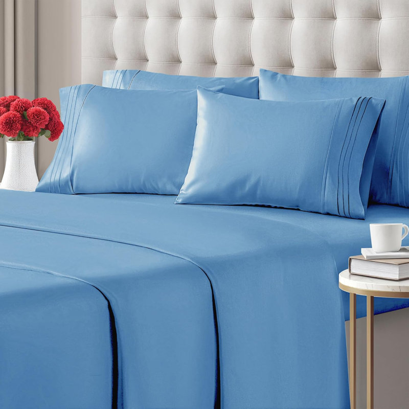 6 Piece Sheet Set, Soft Cooling Bed Sheets, Breathable & Wrinkle Free, Hotel Luxury Bedding, Denim Blue