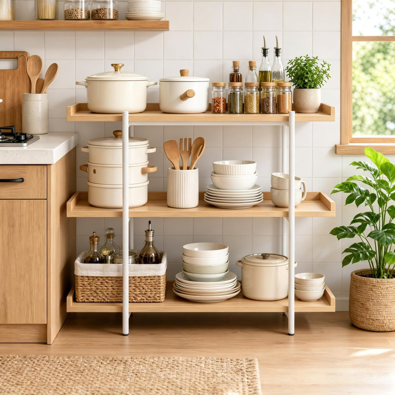 Console à 3 niveaux, tablette de rangement ouverte en bois clair avec structure en métal blanc, tablette latérale étroite pour salon, chambre à coucher, entrée derrière un canapé