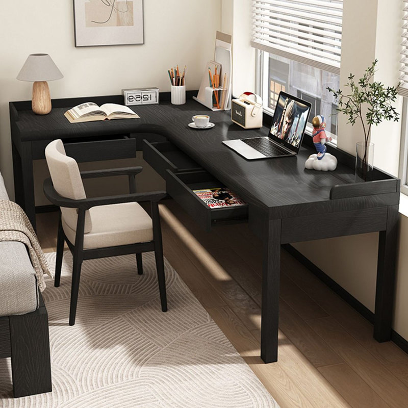 Bureau d'écriture en L en bois massif noir avec tiroirs, H 29,53 po x l 62,99 po x P 47,24 po, Retour à gauche