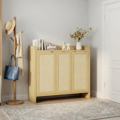  Freestanding Rattan Shoe Cabinet – 41" Light Oak Wooden Shoe Storage with Adjustable Shelves and 2 Doors, Ideal for Entryway, Hallway, Living Room, Closet and Home Office – Light Oak